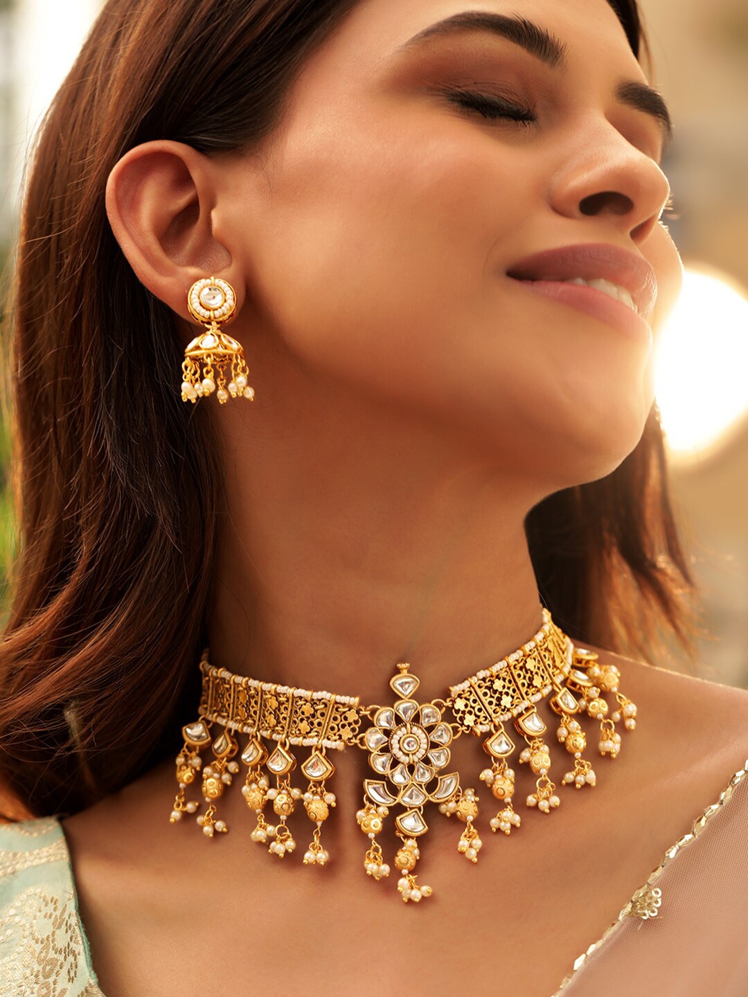 Gold-Polished White Red Kundan-Studded Pearl Beaded Nosepin - Ruby Raang