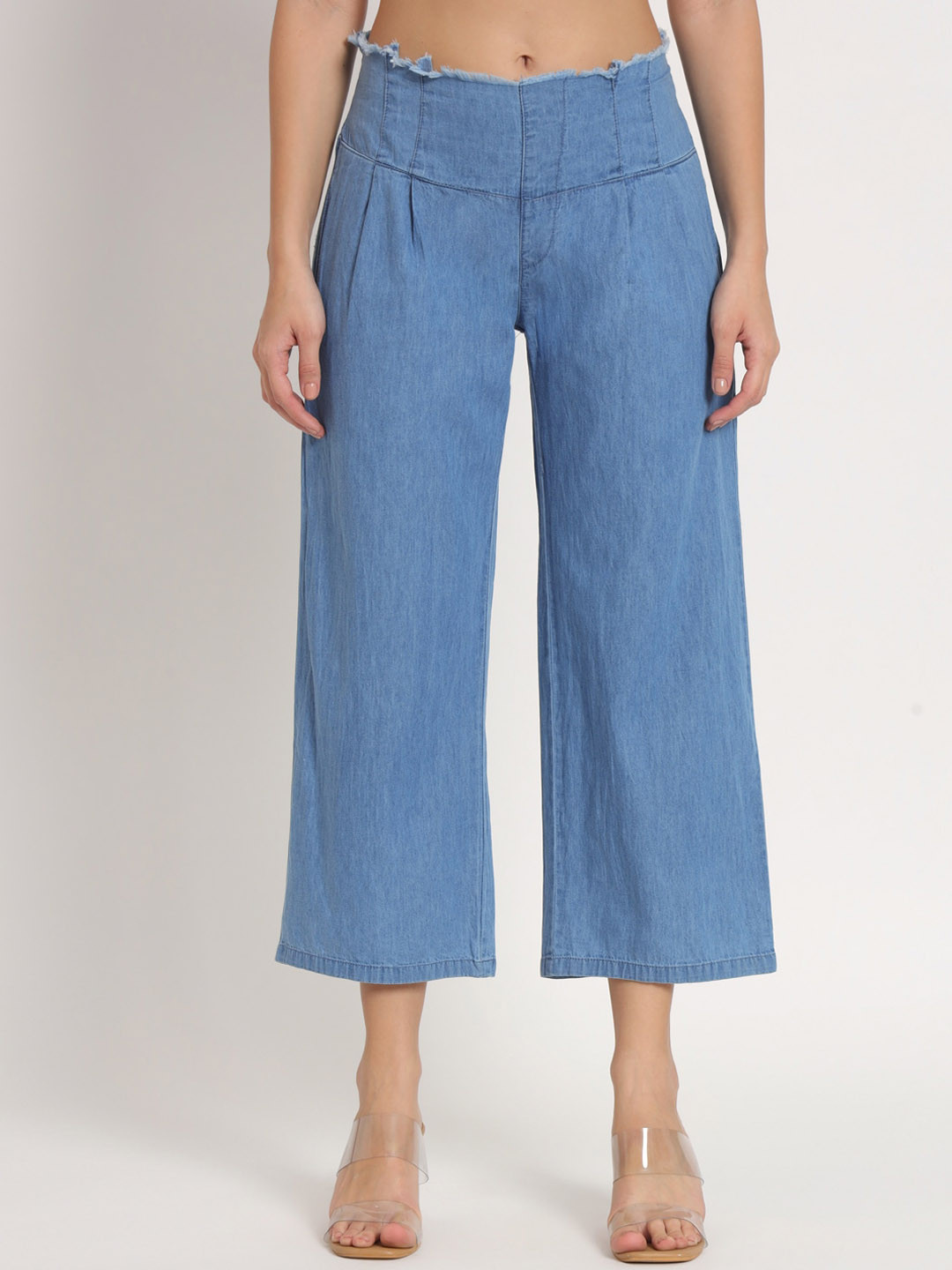 High Waist Pleated Denim Culottes