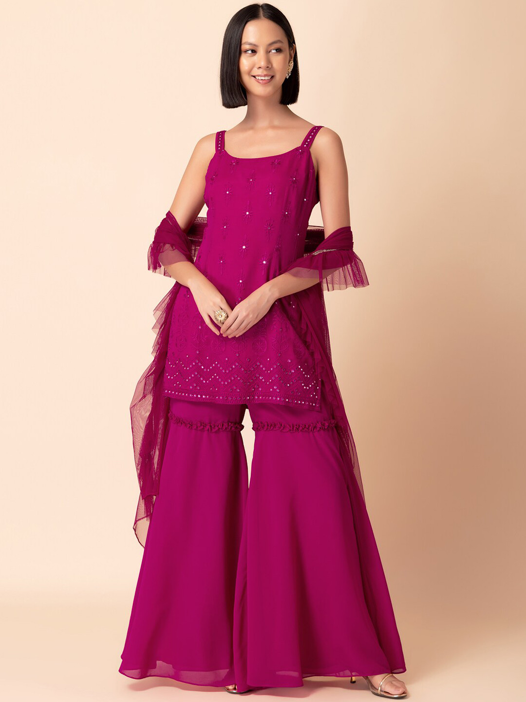 Mirror Work Kurta With 3 Layered Sharara & Dupatta main image 0