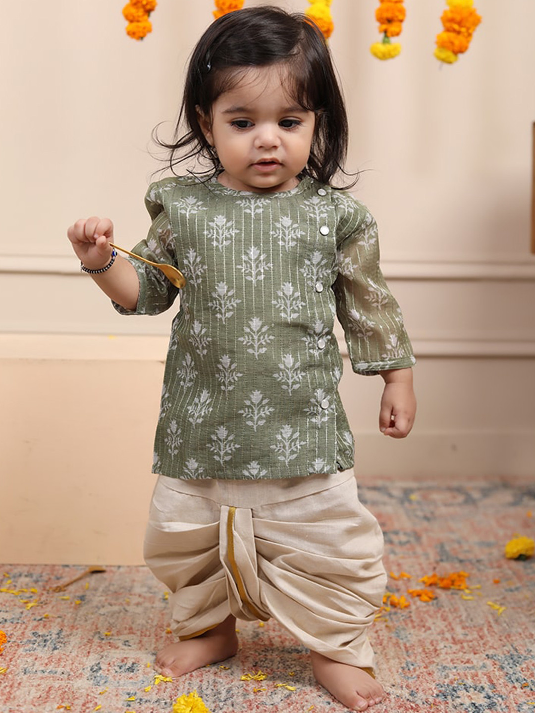 Boy Floral Dhoti Kurta Set-Black