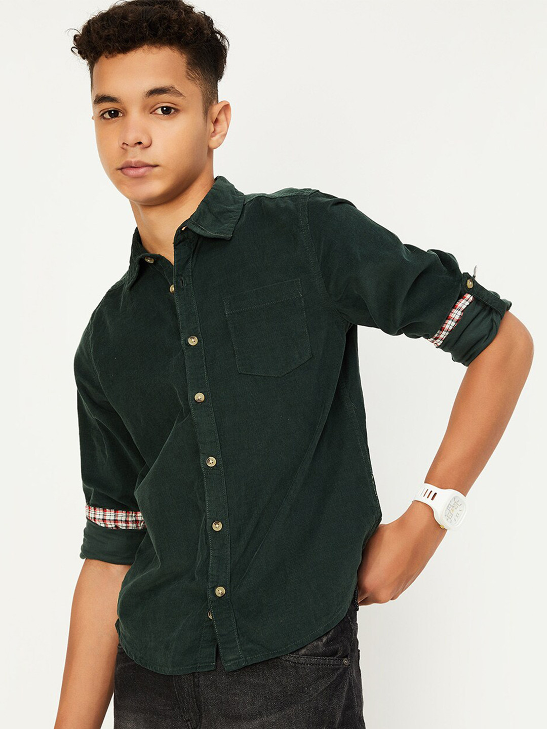 Boys Roll Up Sleeve Solid Shirt Coal Navy