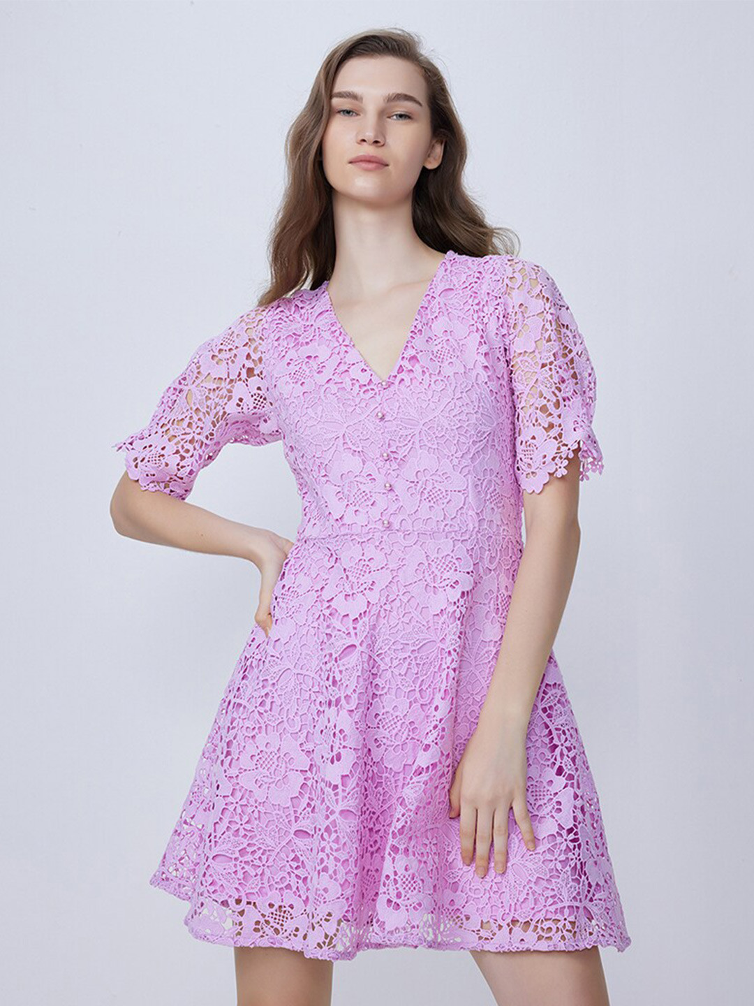 Buy COVER STORY Purple Floral Self Design Lace Fit & Flare Party Dress ...