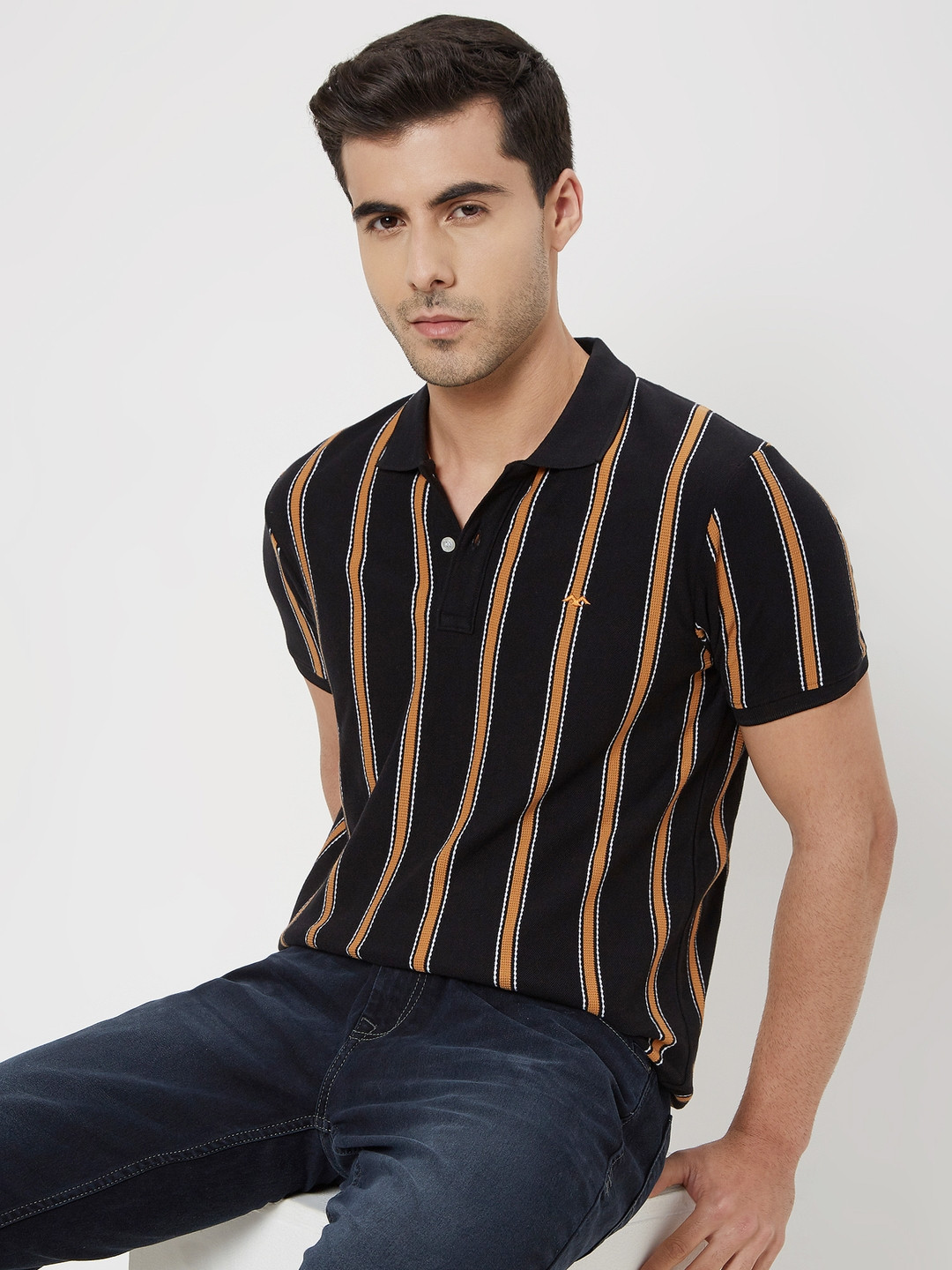 Men's Beige Striped Polo Collar Cotton T-Shirt