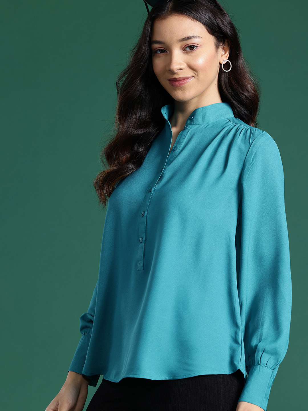 Buy DressBerry Mandarin Collar Puff Sleeve Shirt Style Top Tops for