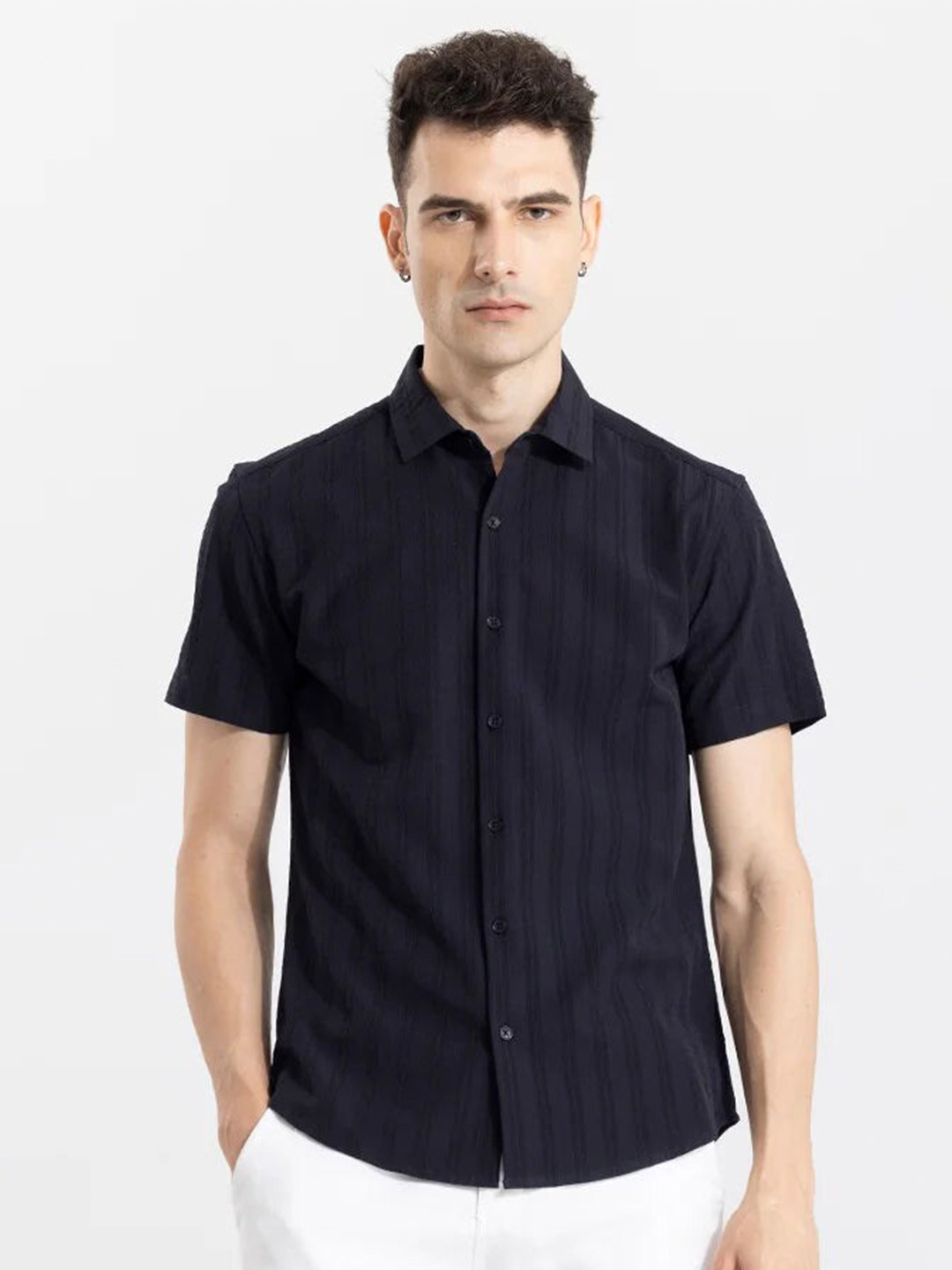 Buy Snitch Navy Blue Classic Slim Fit Striped Spread Collar Short