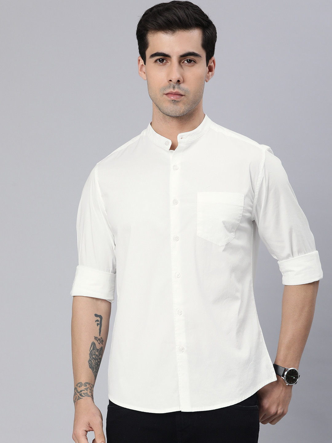 Orange Men'S Cotton Solid Mandarin Collar Formal Shirts main image 0