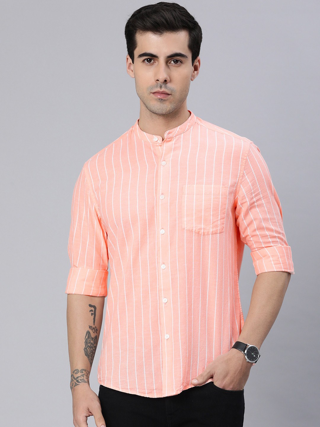 Men's Mandarin Collar Striped Grey Shirt