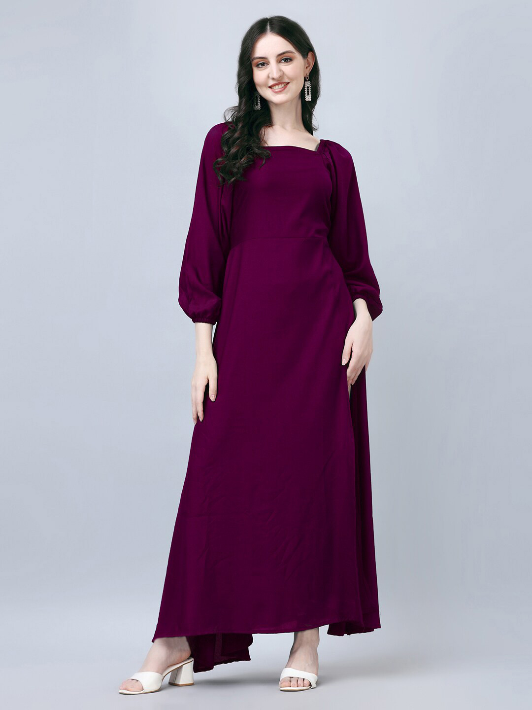 Ivory Deep V-Neck Puff Sleeves Maxi Dress