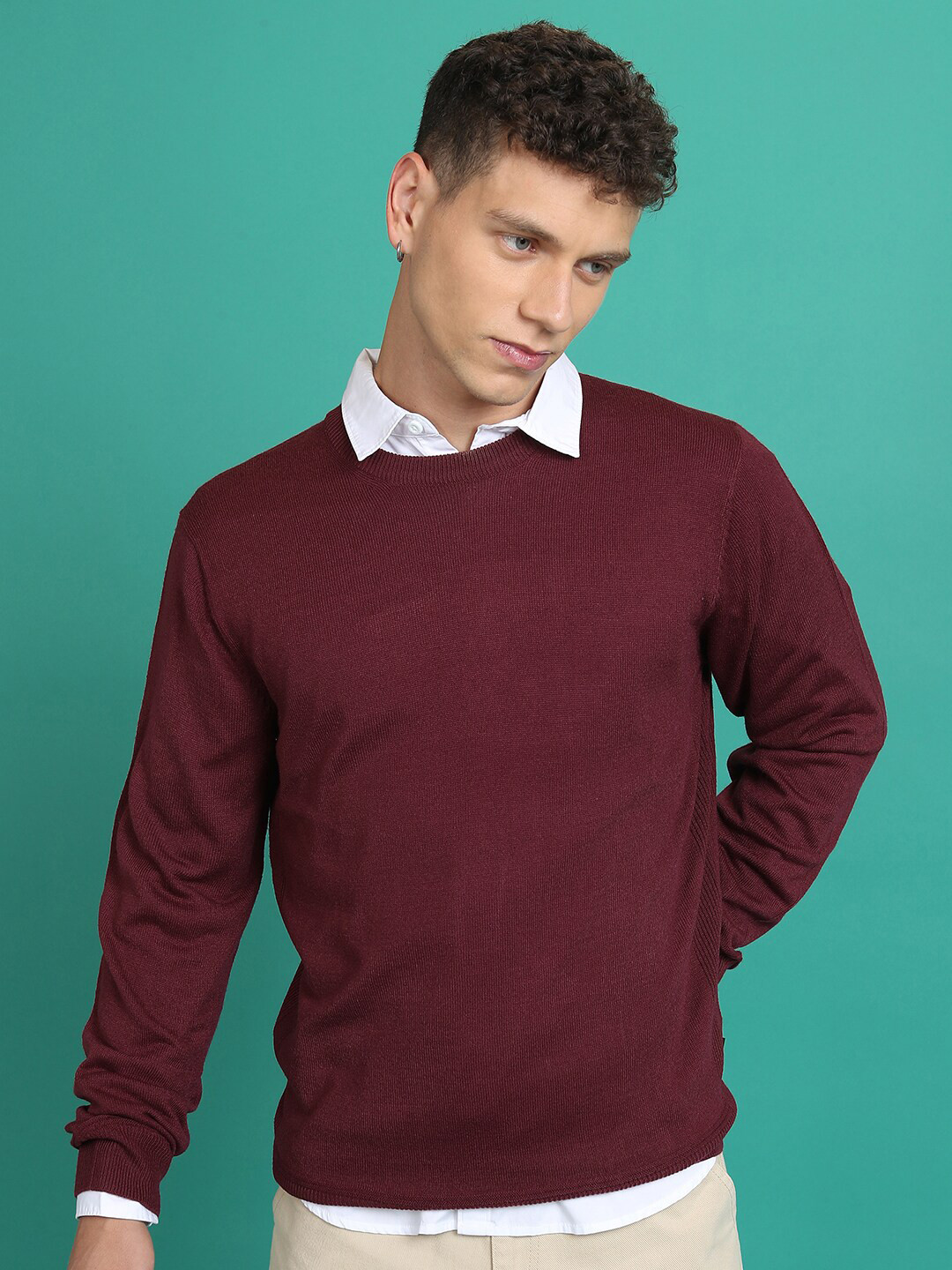 Retro plain Round Neck Pullover Sweater top For Men