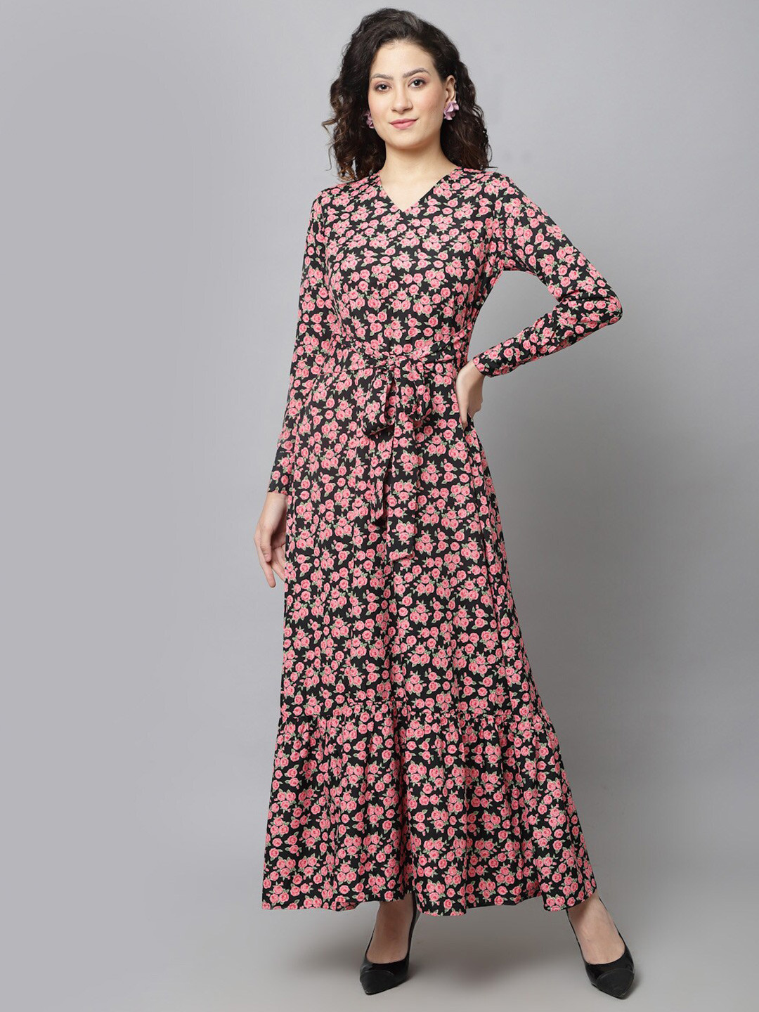 Priyavil V Neck Long Sleeves Tiered Printed Maxi Dress