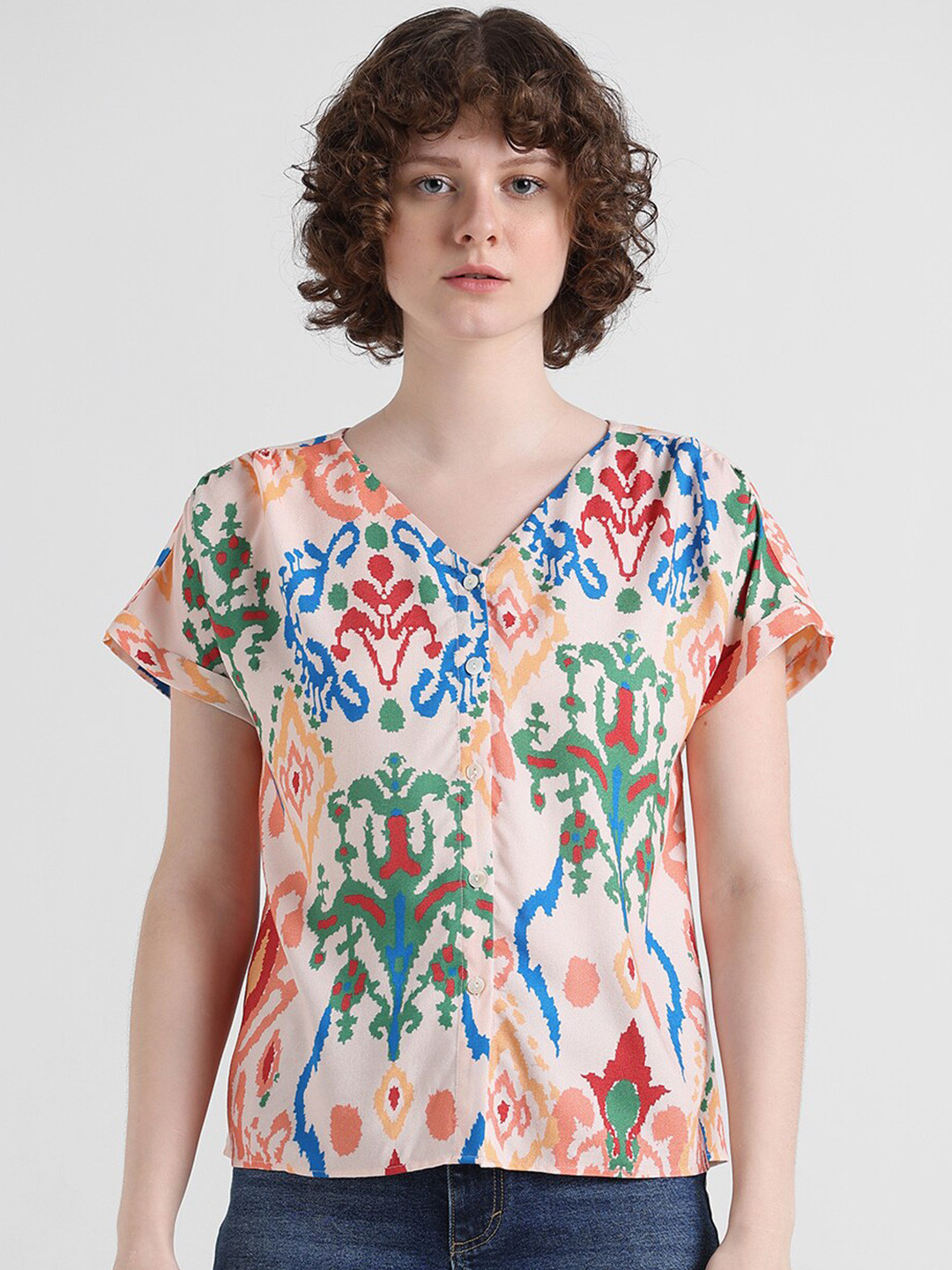 Abstract Print V-Neck Top with Short Sleeves main image 1