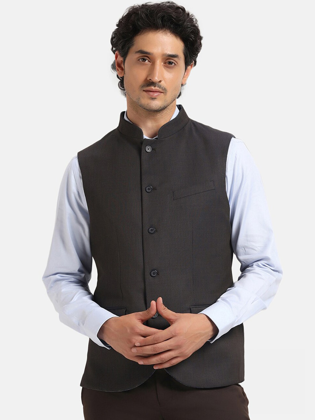 Men's Printed Cream Slim Fit Nehru Jacket
