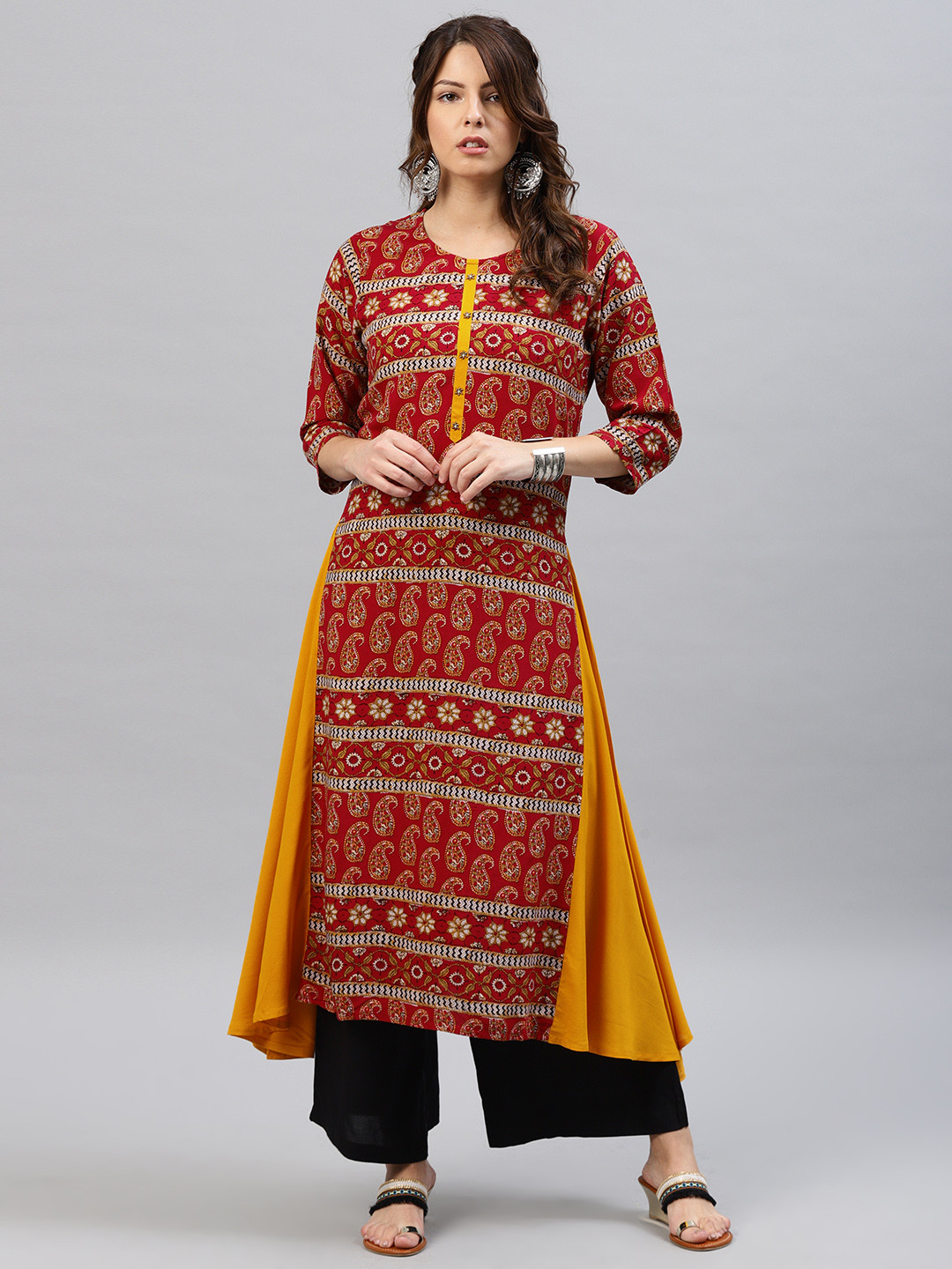 Buy Shree Women Maroon & Mustard Yellow Printed A Line Kurta Kurtas