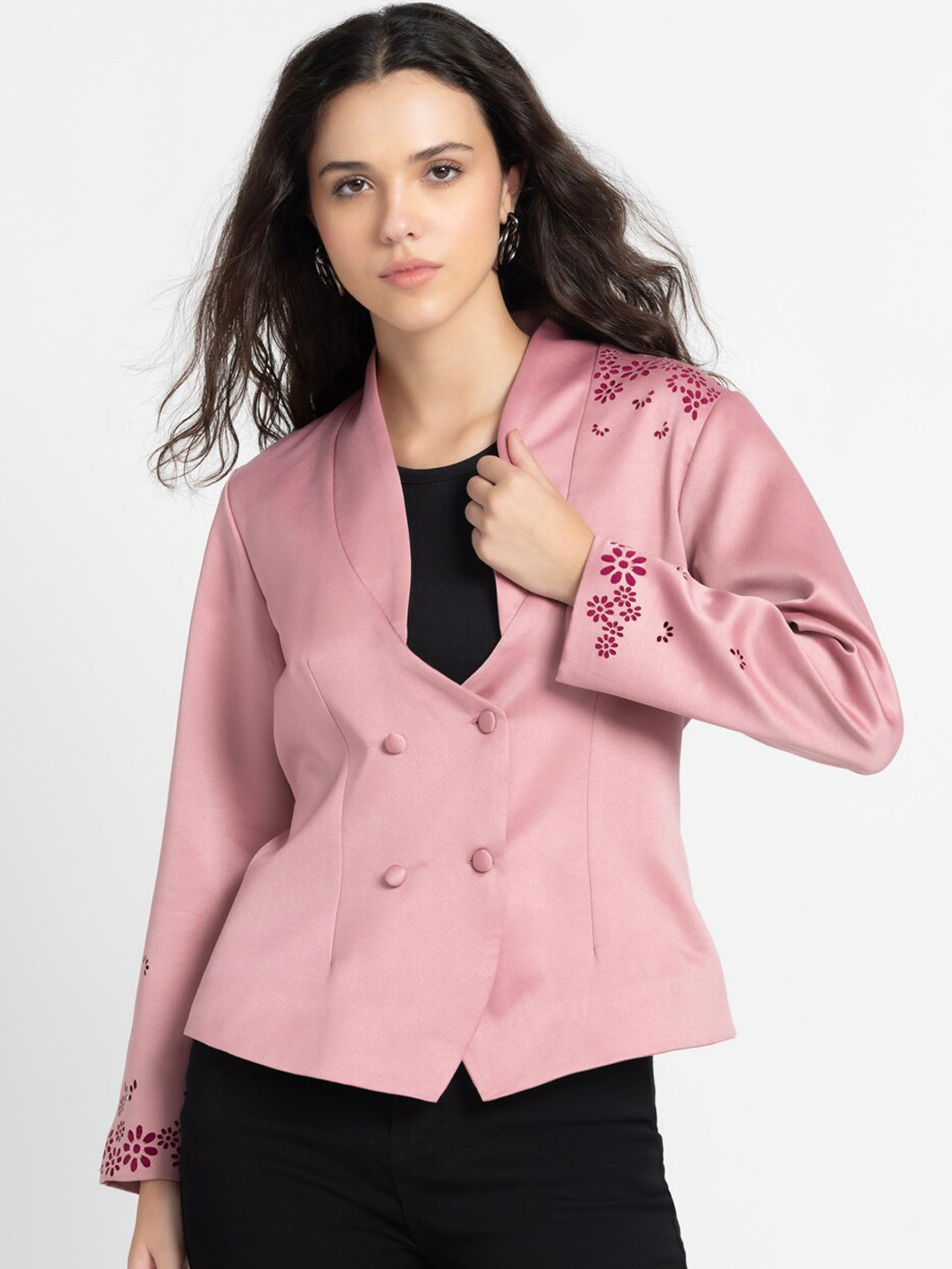 Double-Breasted Scalloped Shawl Collar Blazer