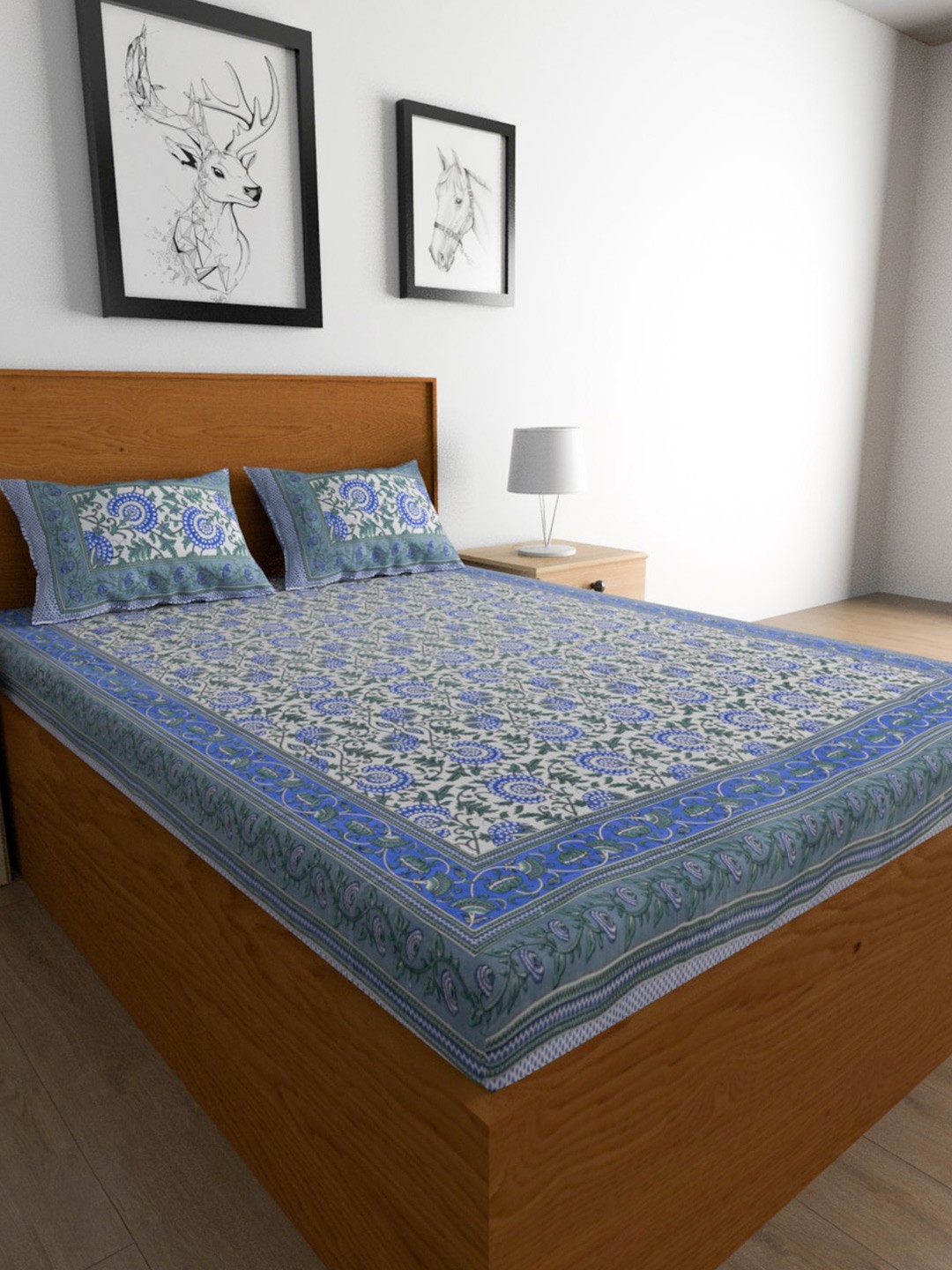 Buy Urban Magic Blue Printed 104 Cotton Bedsheet With 2 Pillow Covers ...