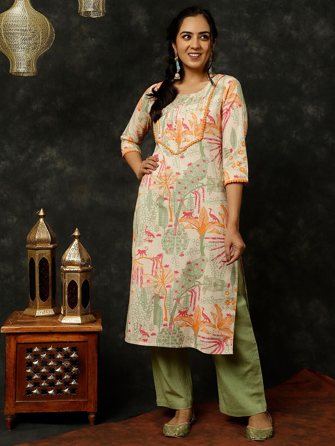 Women Pink Three-Quarter Sleeves Ethnic Motif Printed Straight Kurta-Palazzo With Pockets And Dupatta