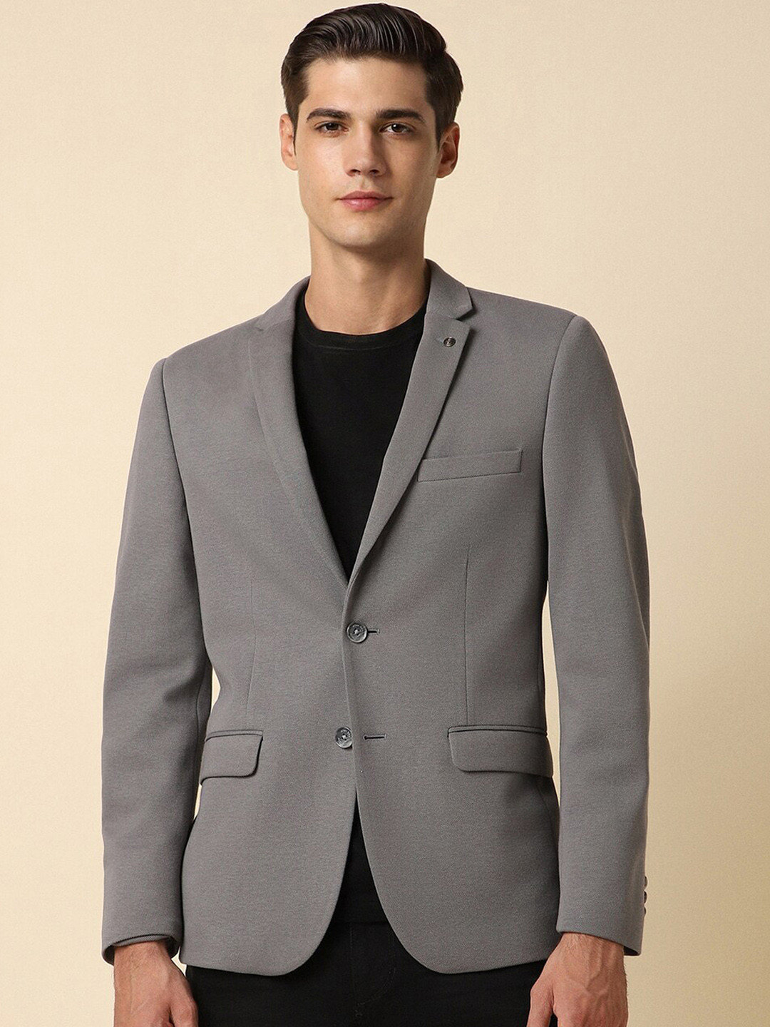 Men's Blue Slim-Fit Notched Lapel Dobby Single Breasted Blazer