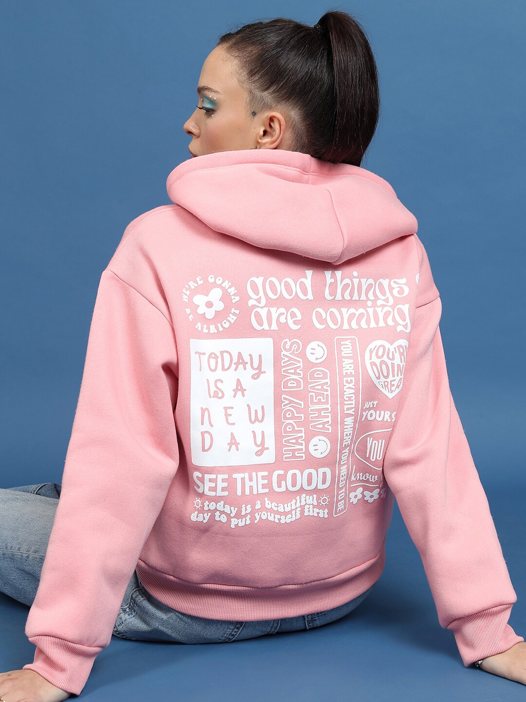 Buy Tokyo Talkies Pink Typography Printed Hooded Pullover Relaxed Fit Sweatshirt Sweatshirts 