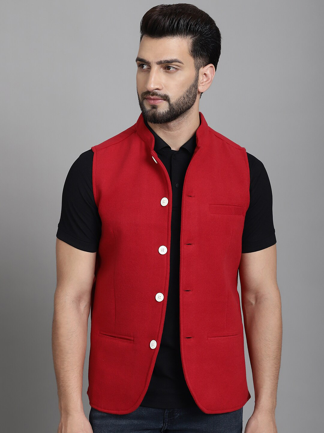Men's Blue Nehru Jacket with Mandarin Collar & Button Detail