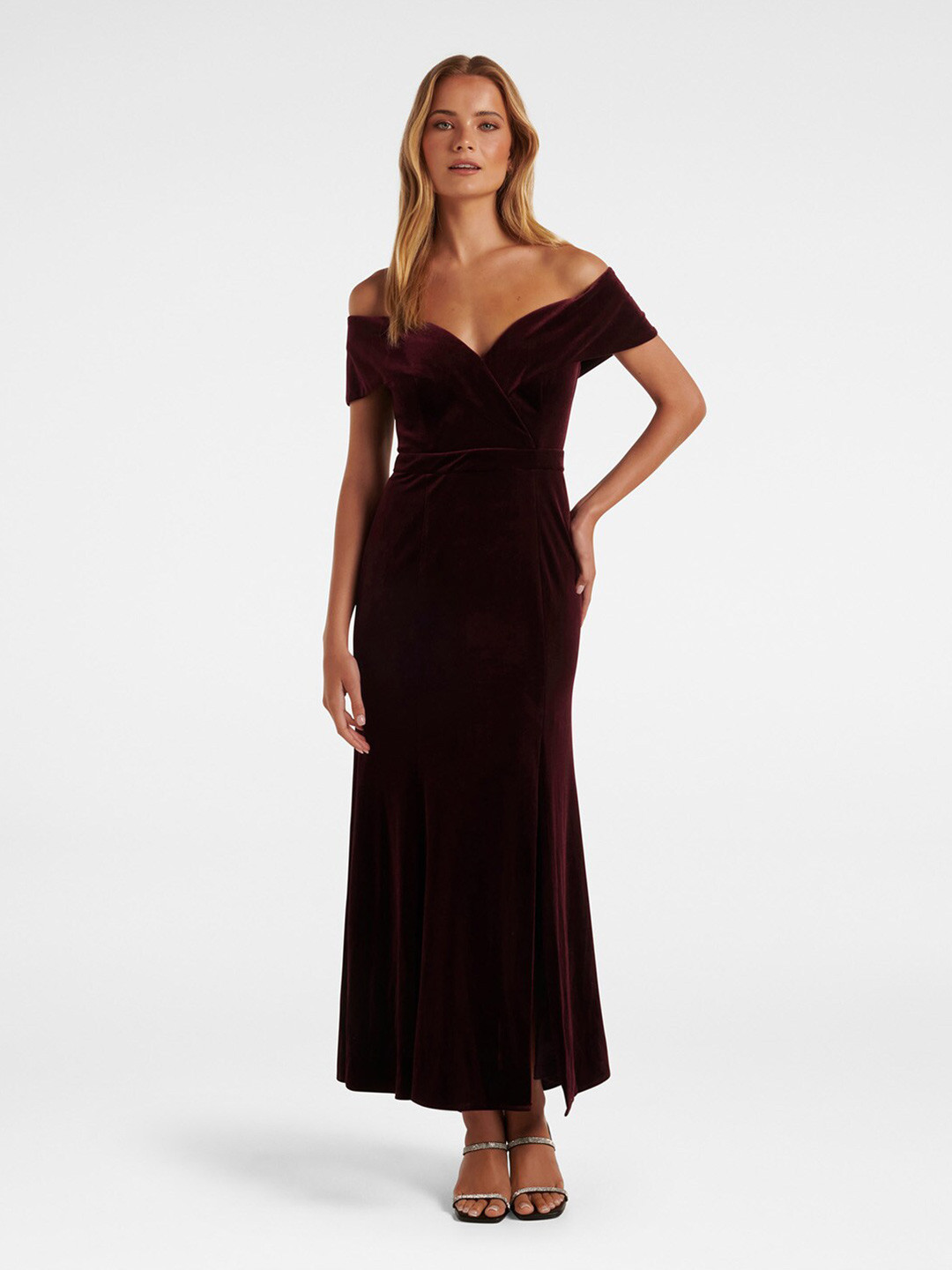 Off Shoulder Max Velvet Dresses with Long Sleeves Steel Grey