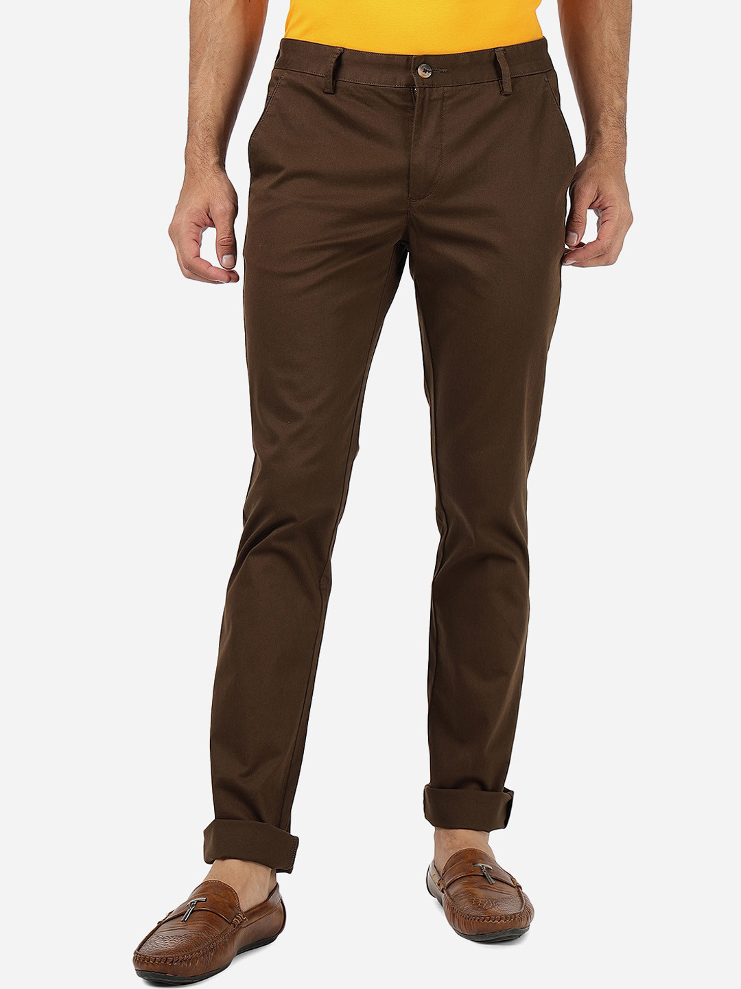 Men's Brown Comfort Slim Fit Low-Rise Solid Cotton Trousers main image 1