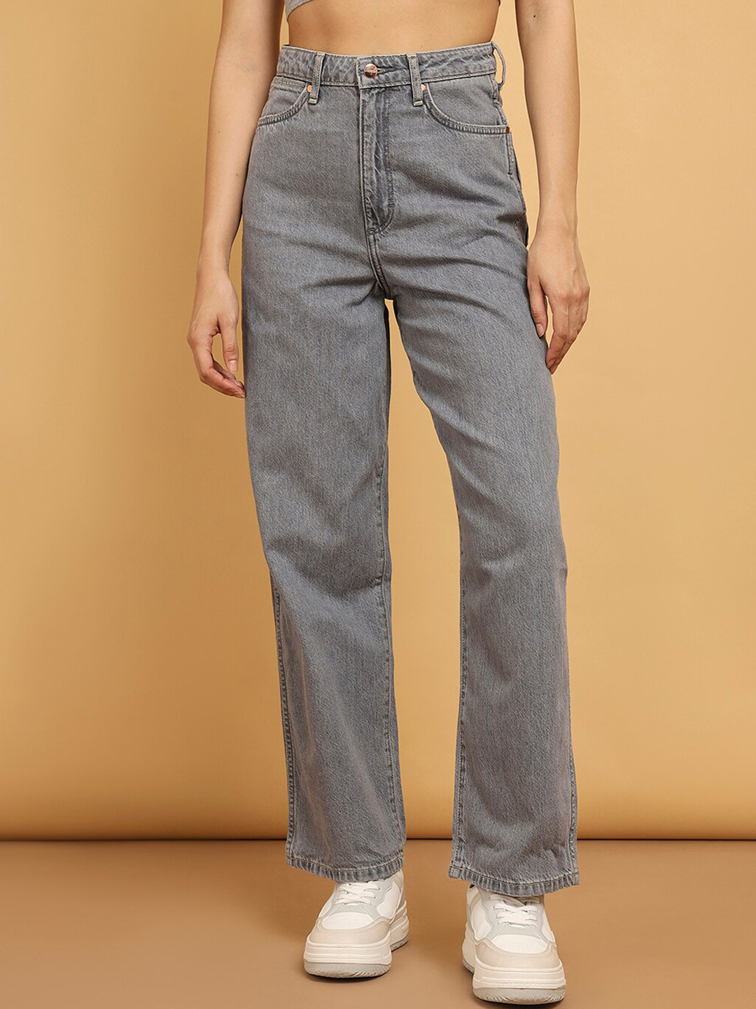 Women's Grey Wide Leg High-Rise Cotton Jeans