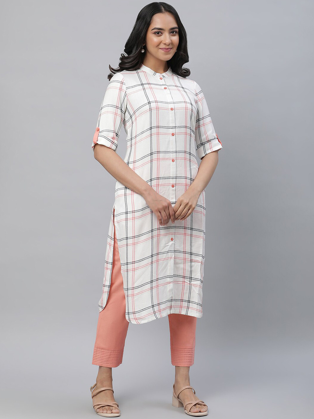 Buy AURELIA Checked Band Collar Pure Cotton Straight Kurta With Trouser