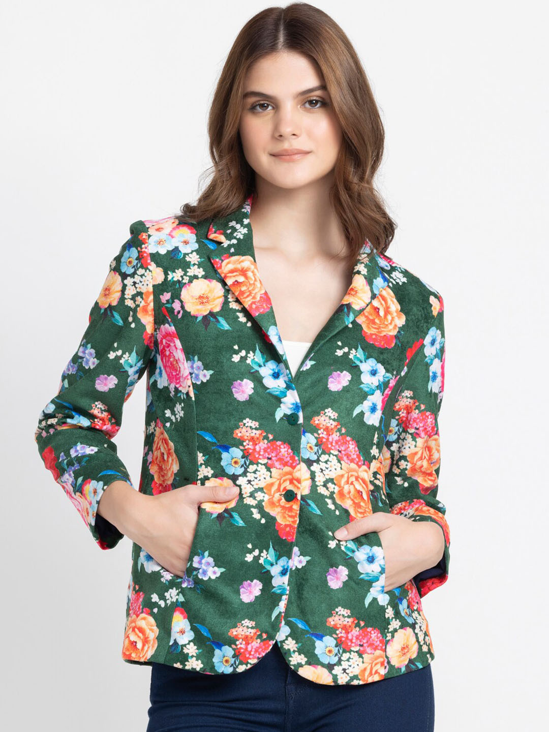 Pearl Detail Flower Lapel Collar Blazer