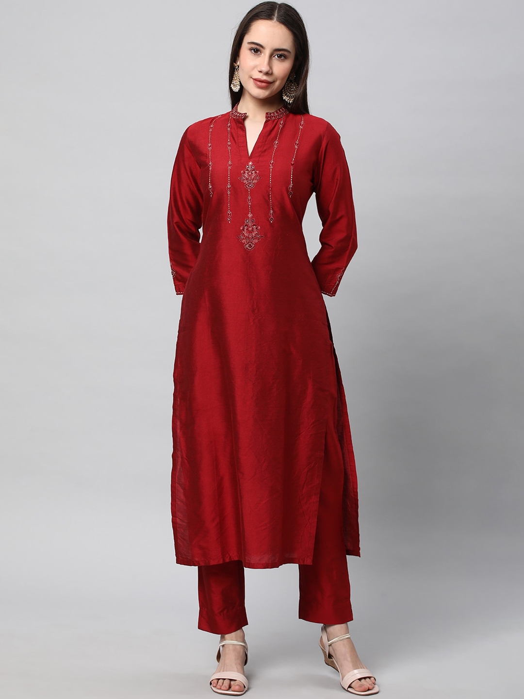 KAMI KUBI Floral Embroidered Mandarin Collar A Line Kurta - Kurtas for Women 25854280 | Myntra