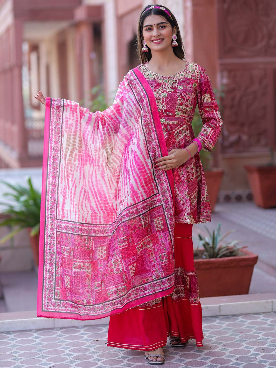 Women Floral Embroidered Kurta with Sharara & Dupatta