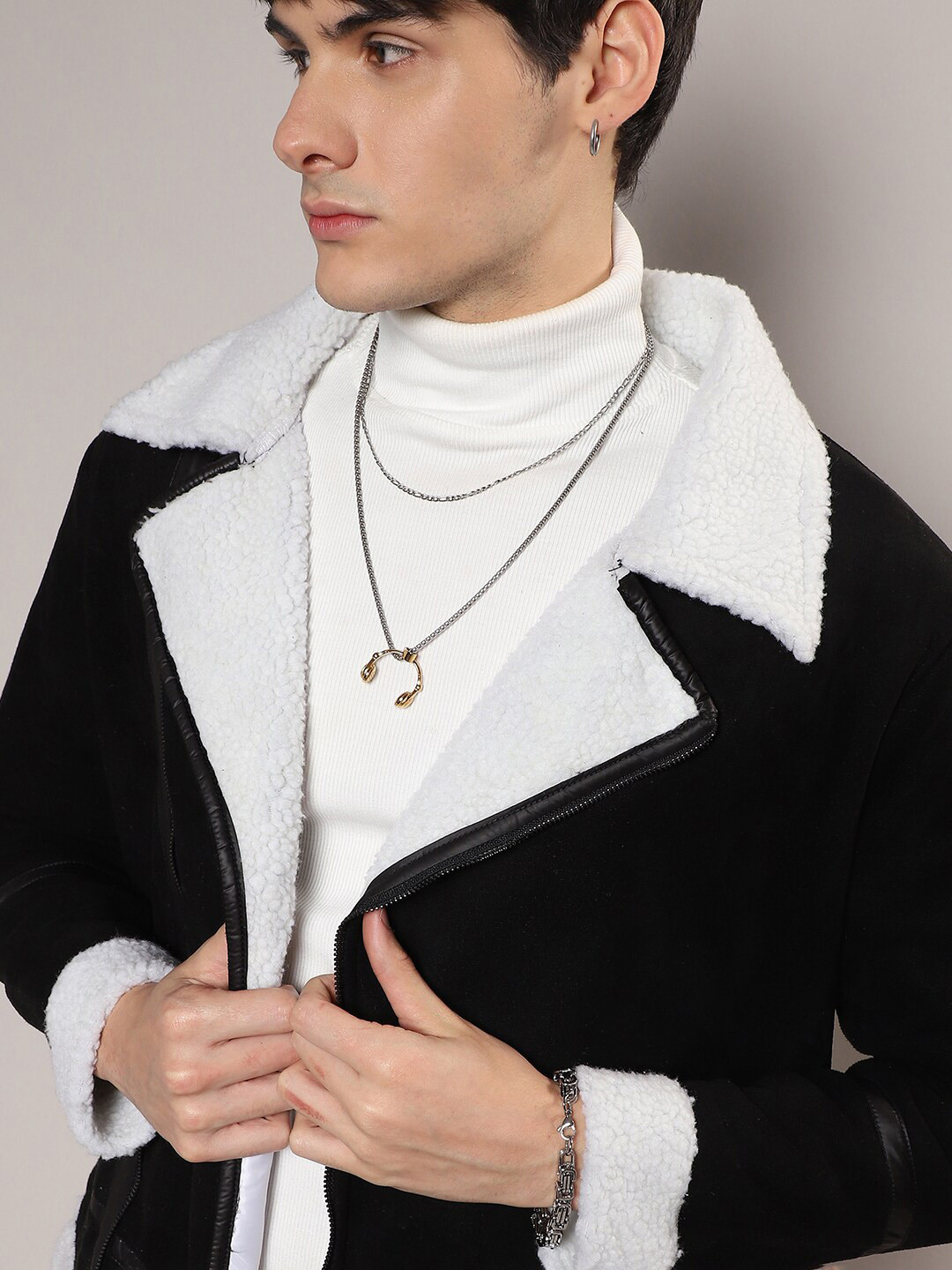 Buy Campus Sutra Lapel Collar Windcheater Biker Jacket With Faux Fur ...
