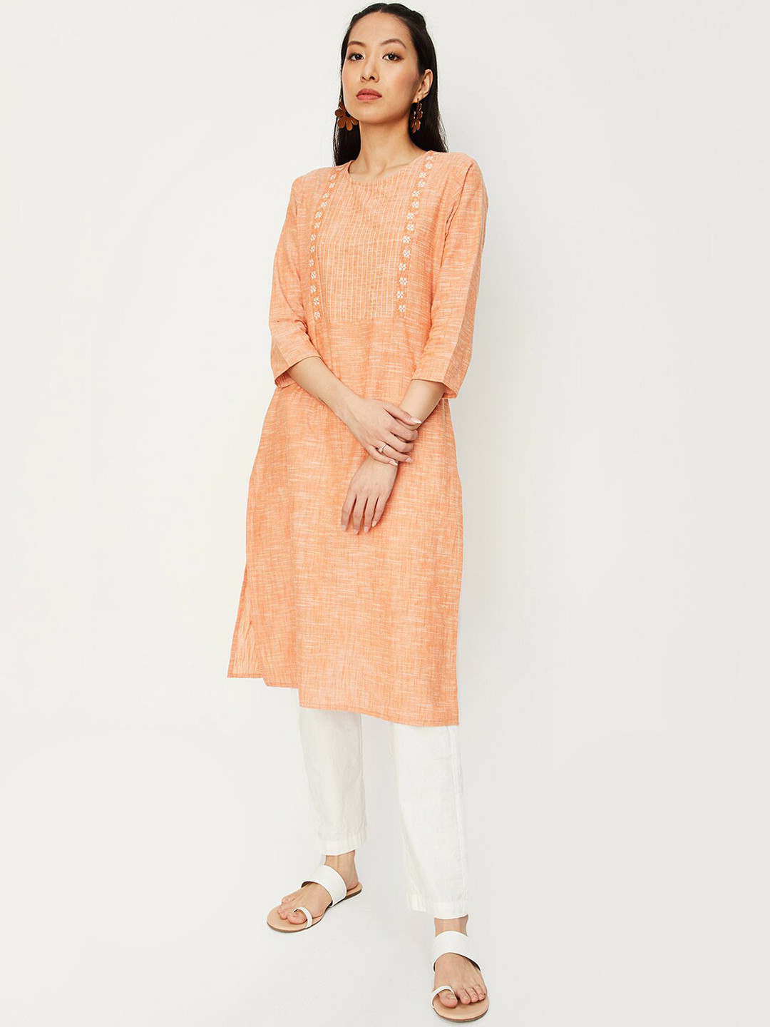 Floral Yoke Design Notch Neck Thread Work Straight Kurta With Trousers & Dupatta