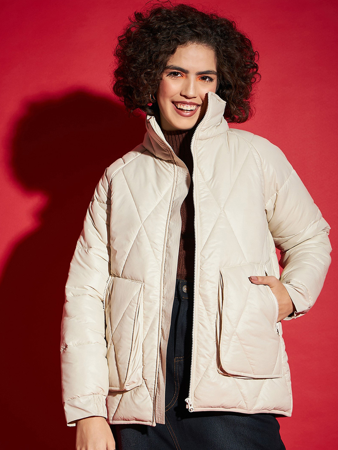 Buy SASSAFRAS Beige Mock Collar Long Sleeves Quilted Jacket Jackets