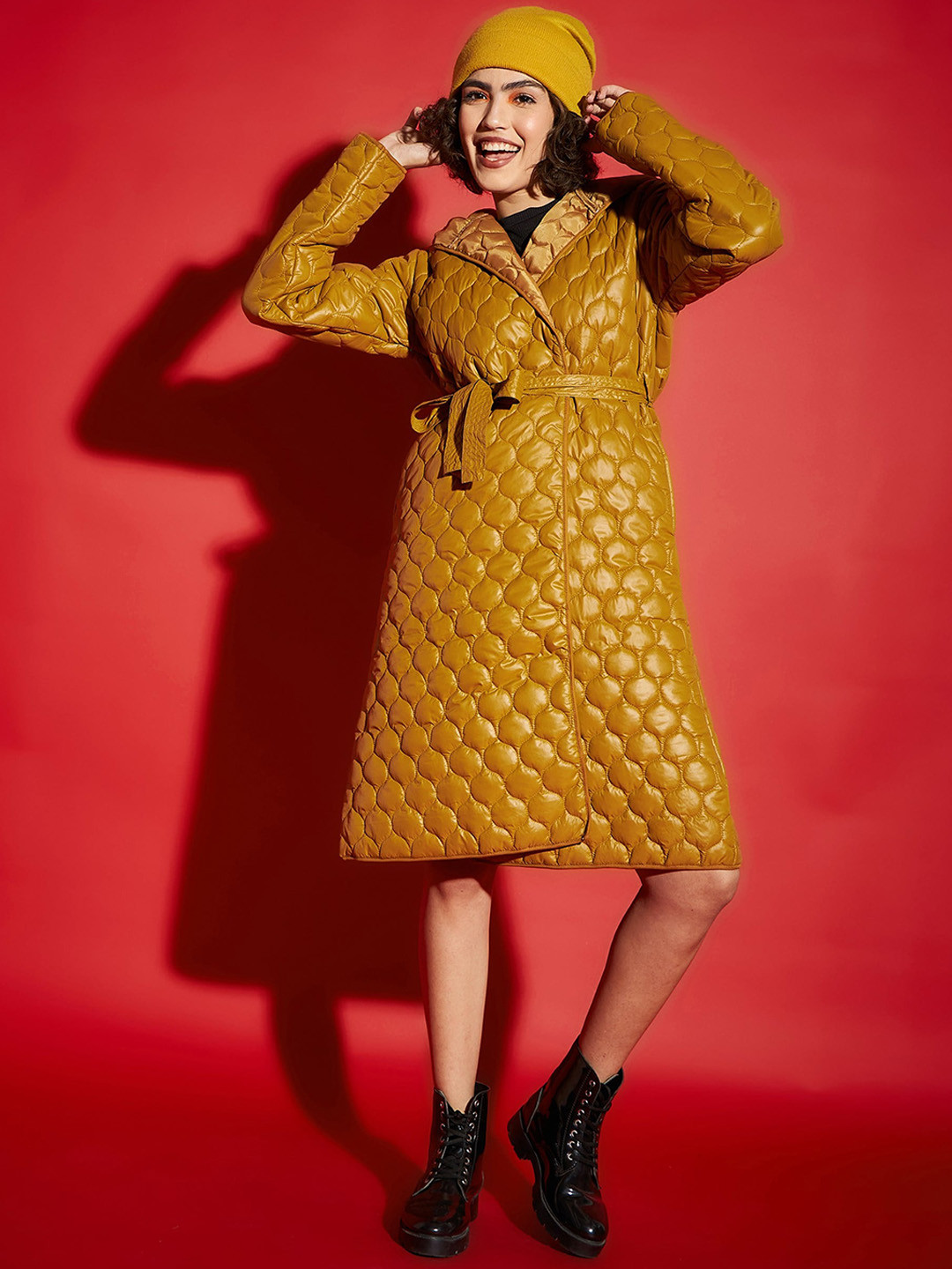Buy SASSAFRAS Mustard Yellow Hooded Longline Quilted Jacket With Belt