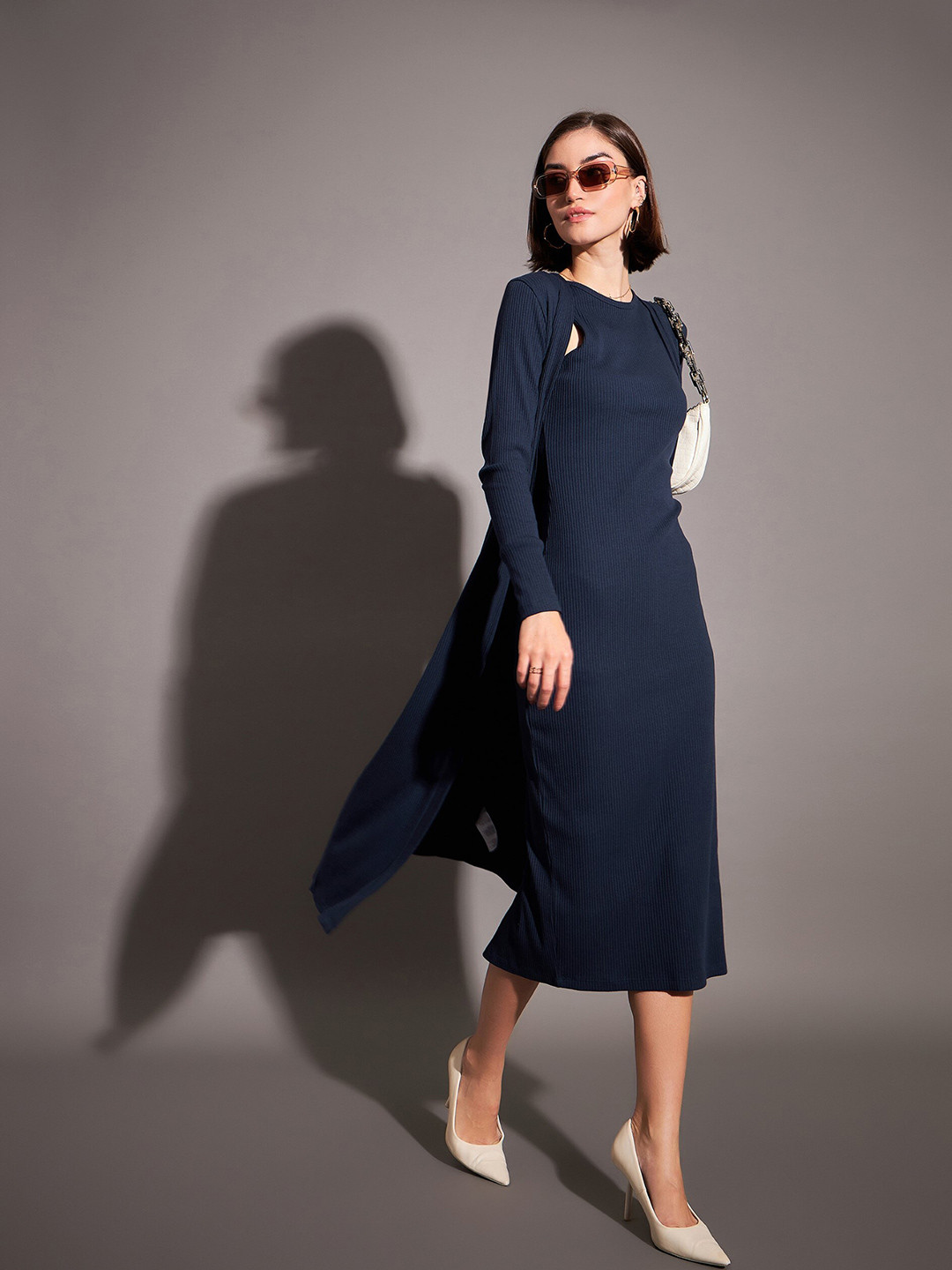 Womens Navy Blue Shrug Women's Navy Blue Self Design Open Front Longline  Shrug