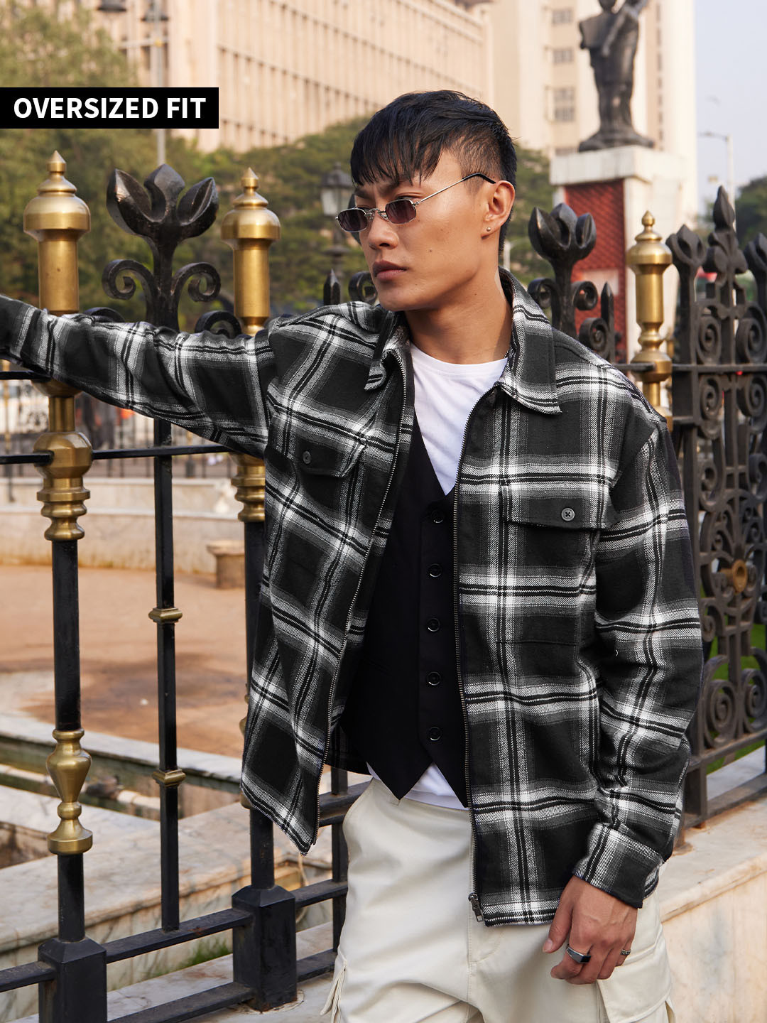Men's Black Tartan Checked Relaxed Fit Shacket