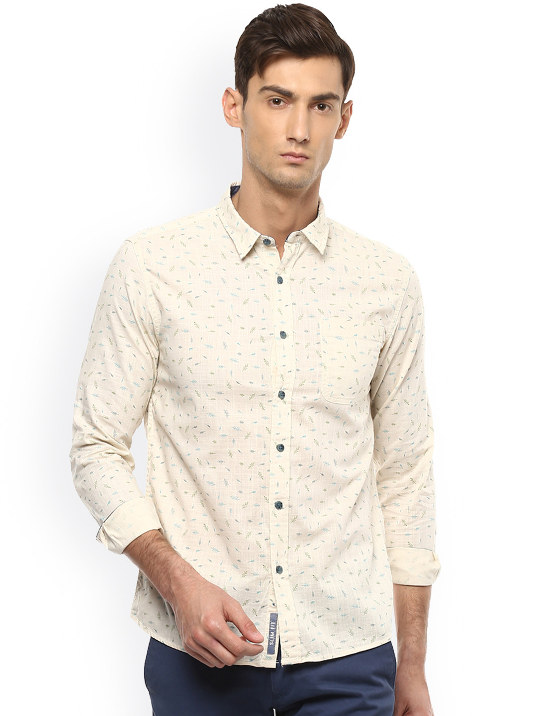 Buy People Men Cream Coloured Slim Fit Printed Casual Shirt Shirts