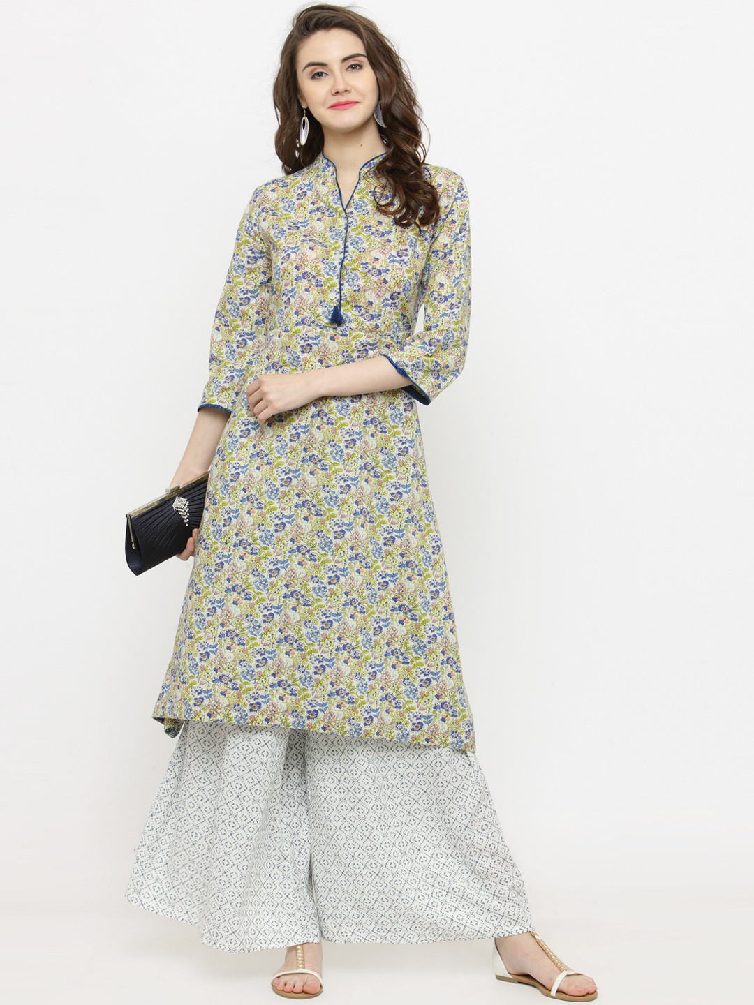 Women'S Navy Blue & White Printed Kurta With Palazzos