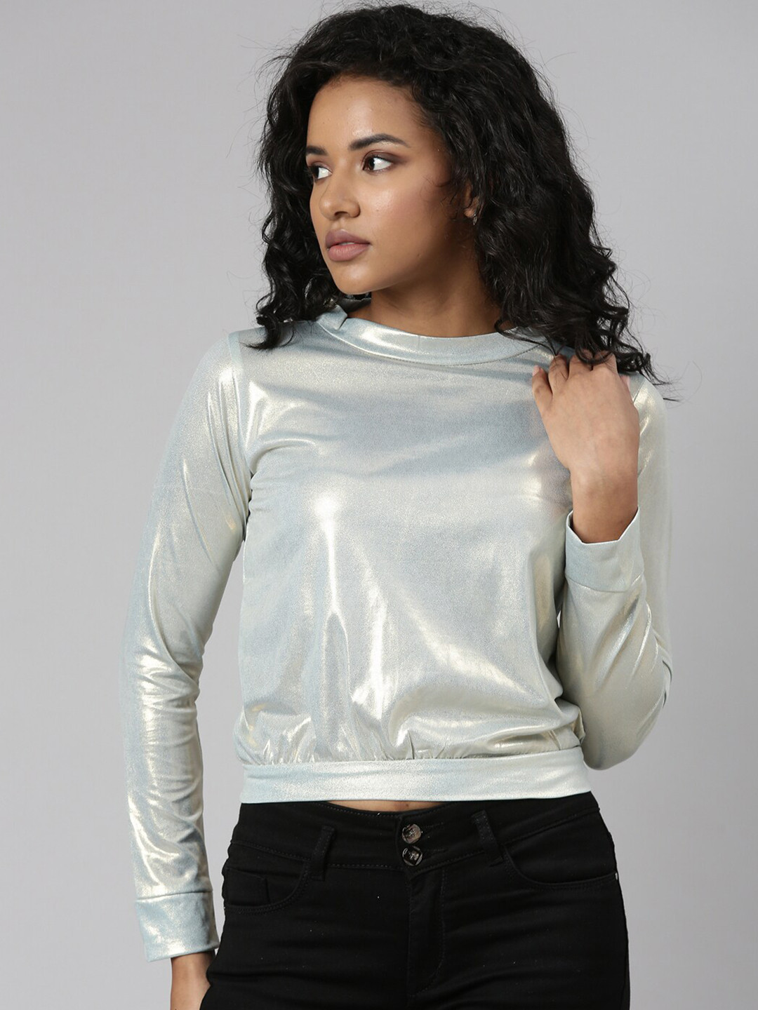 Women's Yellow V-Neck Puff Sleeve Blouson Crop Top