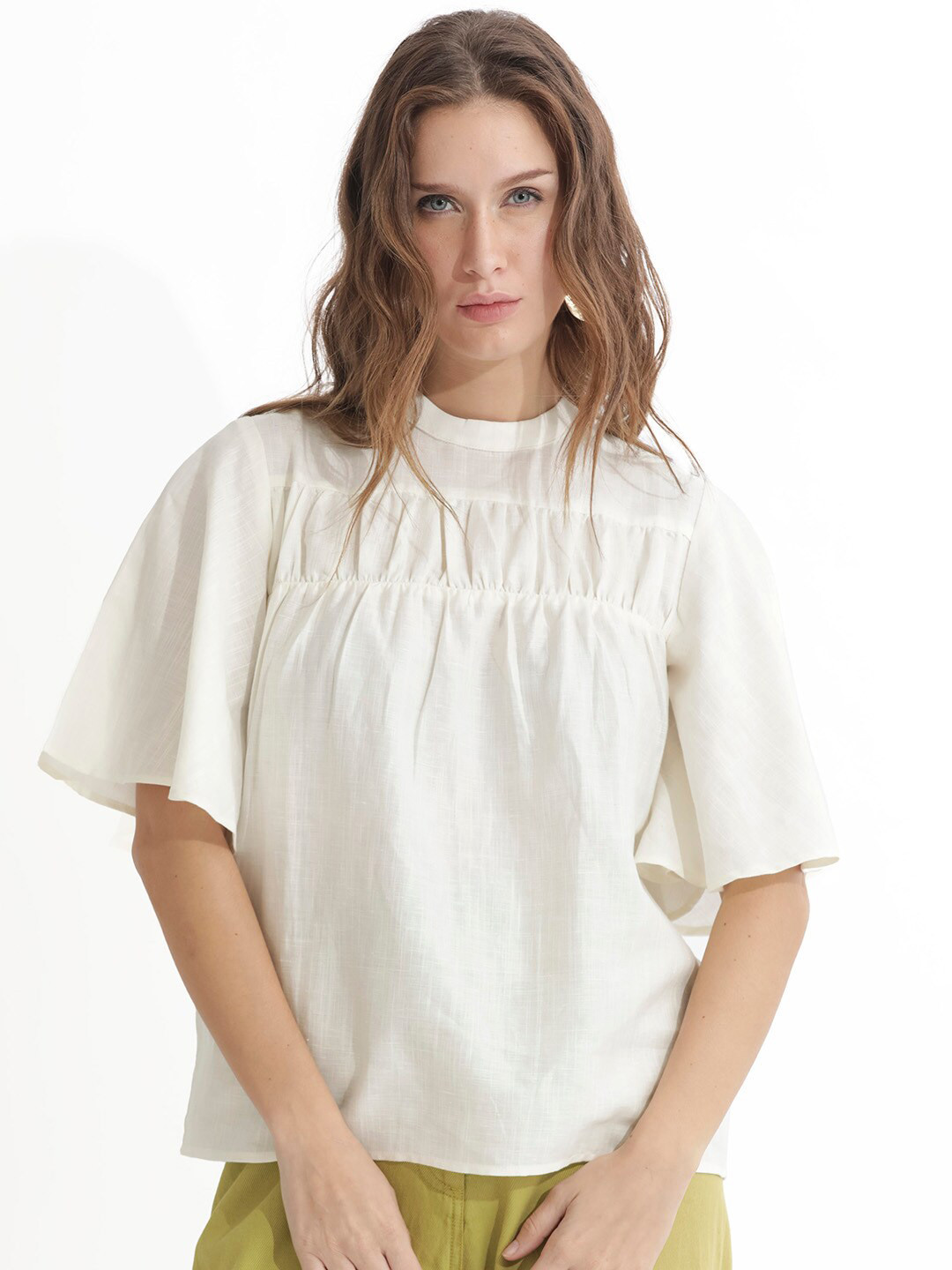 Rareism Women's Velpa White Cotton Ruffled Neck Relaxed Plain Top main image 0