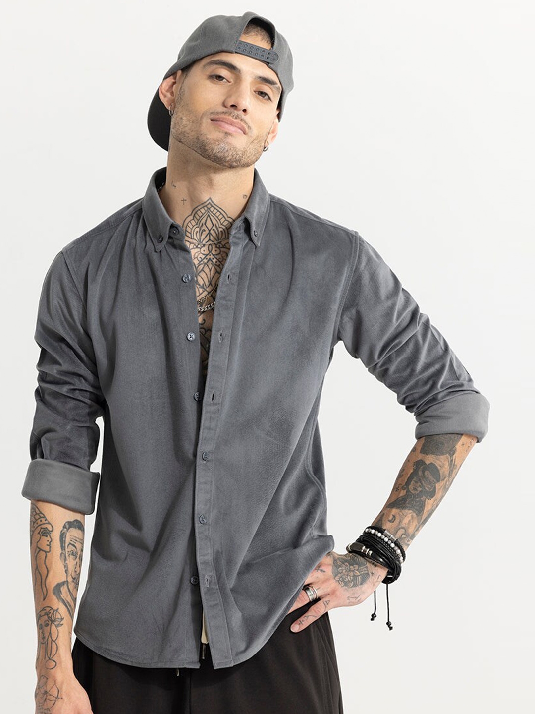 Buy Snitch Grey Classic Button Down Collar Slim Fit Pure Cotton Casual ...