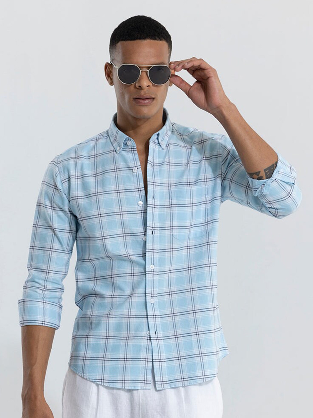 Buy Snitch Blue Classic Tartan Checked Button Down Collar Slim Fit Pure ...