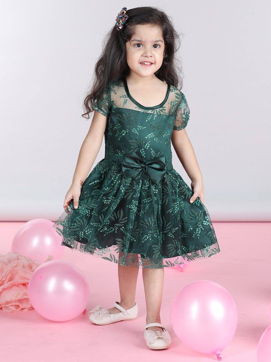 Girls Black Checked Long Sleeves Fit & Flare Dress With Bow Details main image 0