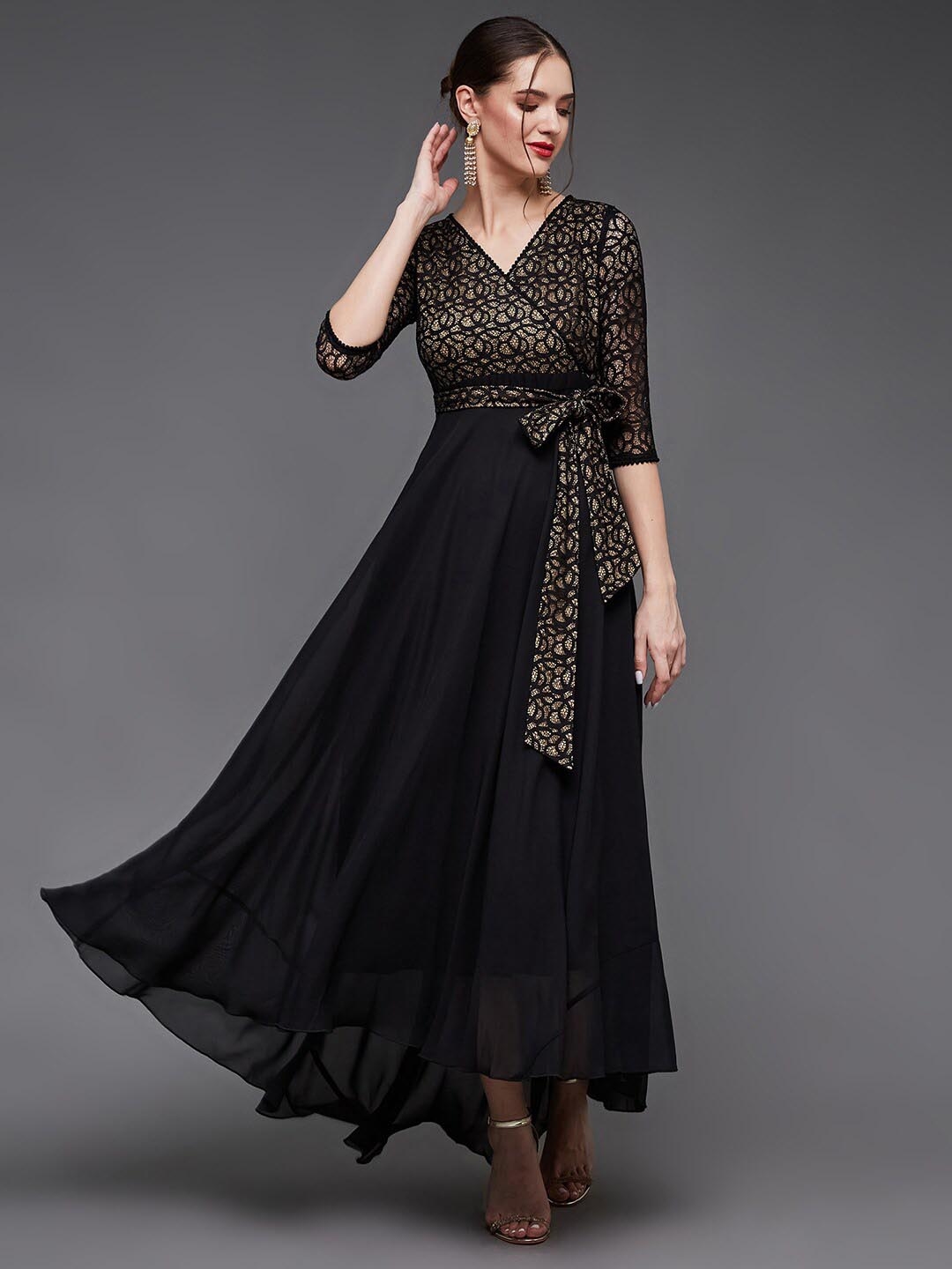 Buy Miss Chase Self Design V Neck Tie Ups Georgette Fit & Flare Dress ...