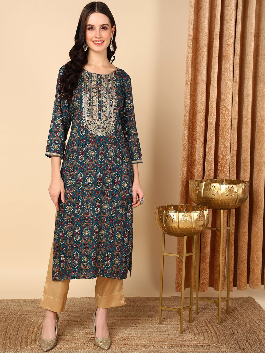 Buy AHIKA Women Blue Ethnic Motifs Printed Flared Sleeves Mirror Work