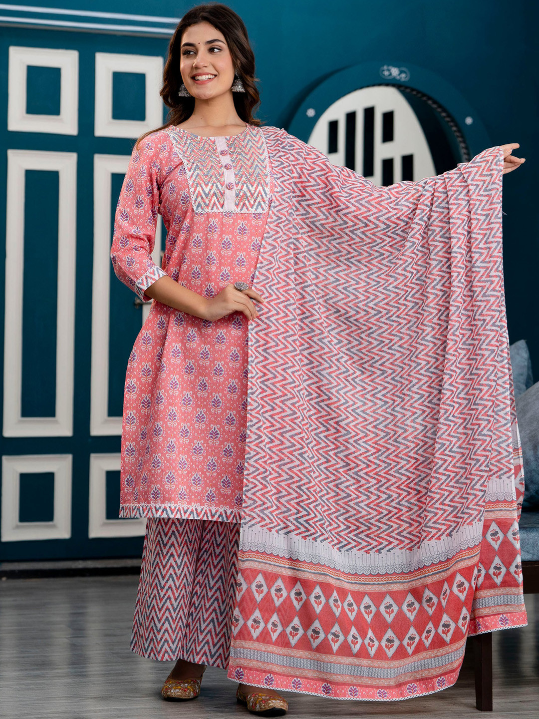 Women Floral Printed V-Neck Pure Cotton Straight Kurta With Palazzos And Dupatta Set