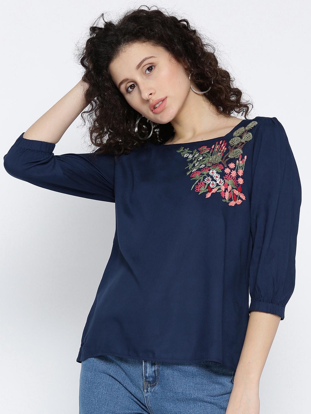 Buy SCOUP Women Navy Solid Embroidered Top - Tops for Women 2594474 ...