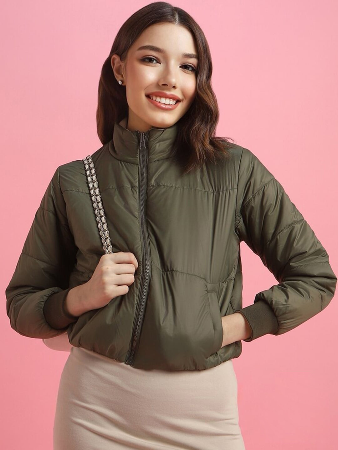 Women's Sea Green Mock Collar Crop Puffer Jacket