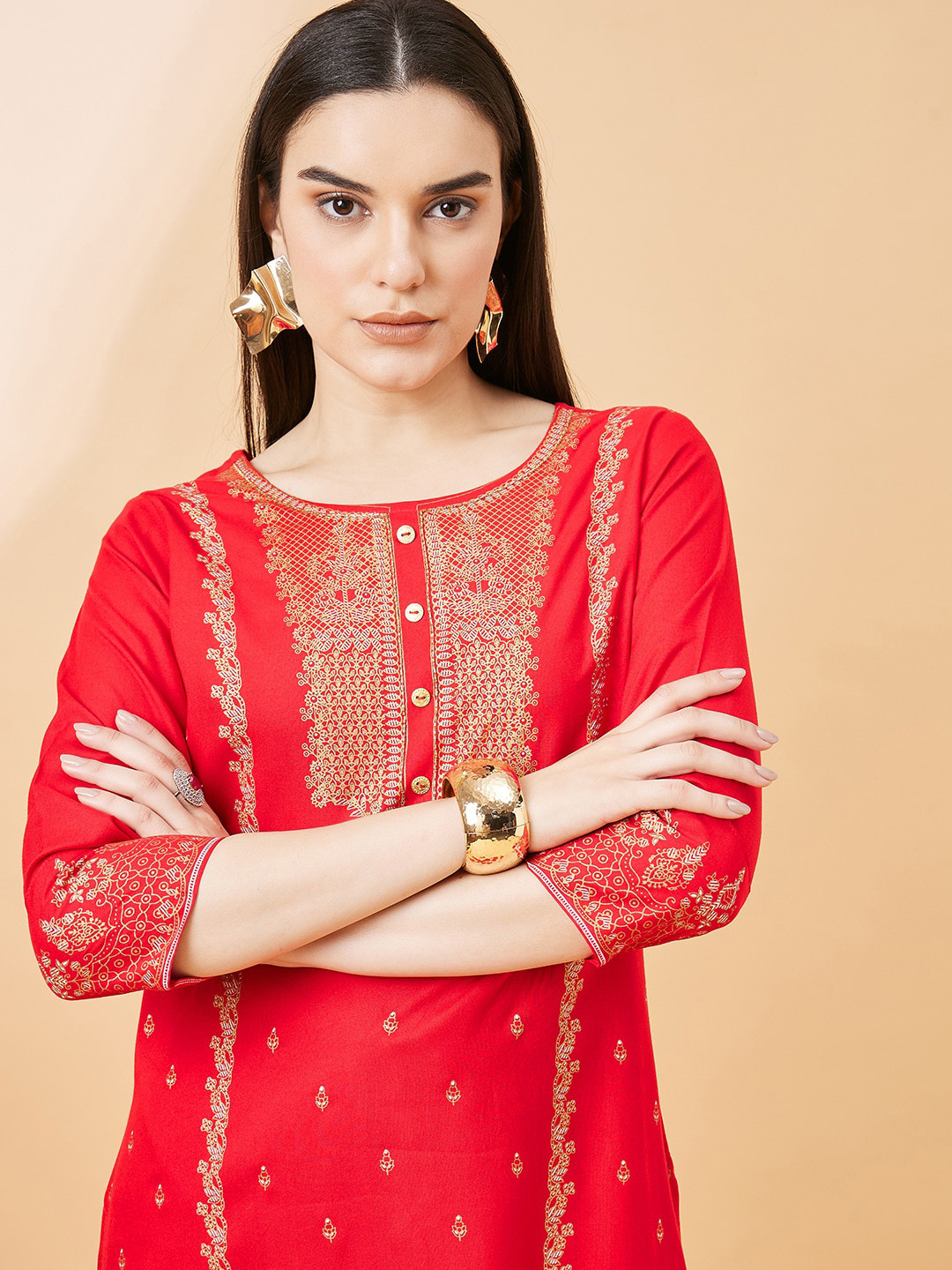 Women Red Ethnic Regular Kurta with Trousers
