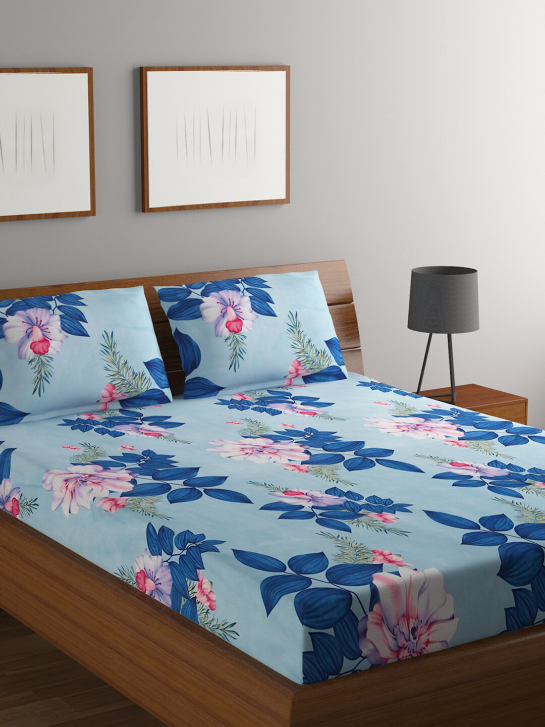 Buy BOMBAY DYEING Blue Floral Printed Microfiber 144 TC Queen Bedsheet